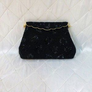 Black Beaded Satin Evening Bag Vintage 1950s Clutch  Hearts Leaf Design